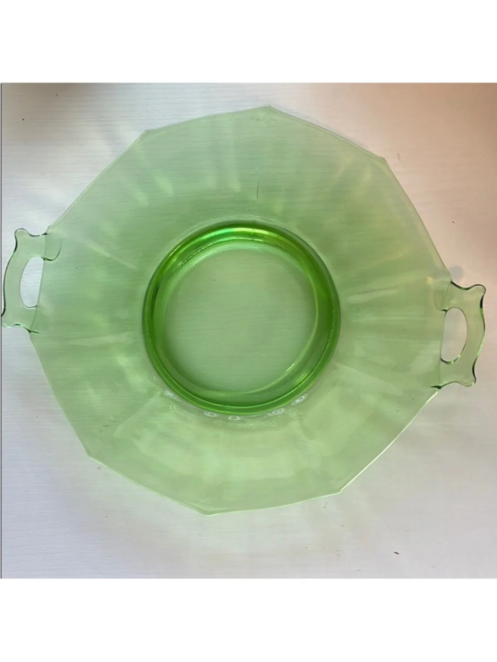 Green Vintage Depression Glass Octagonal Serving Platter With Handles